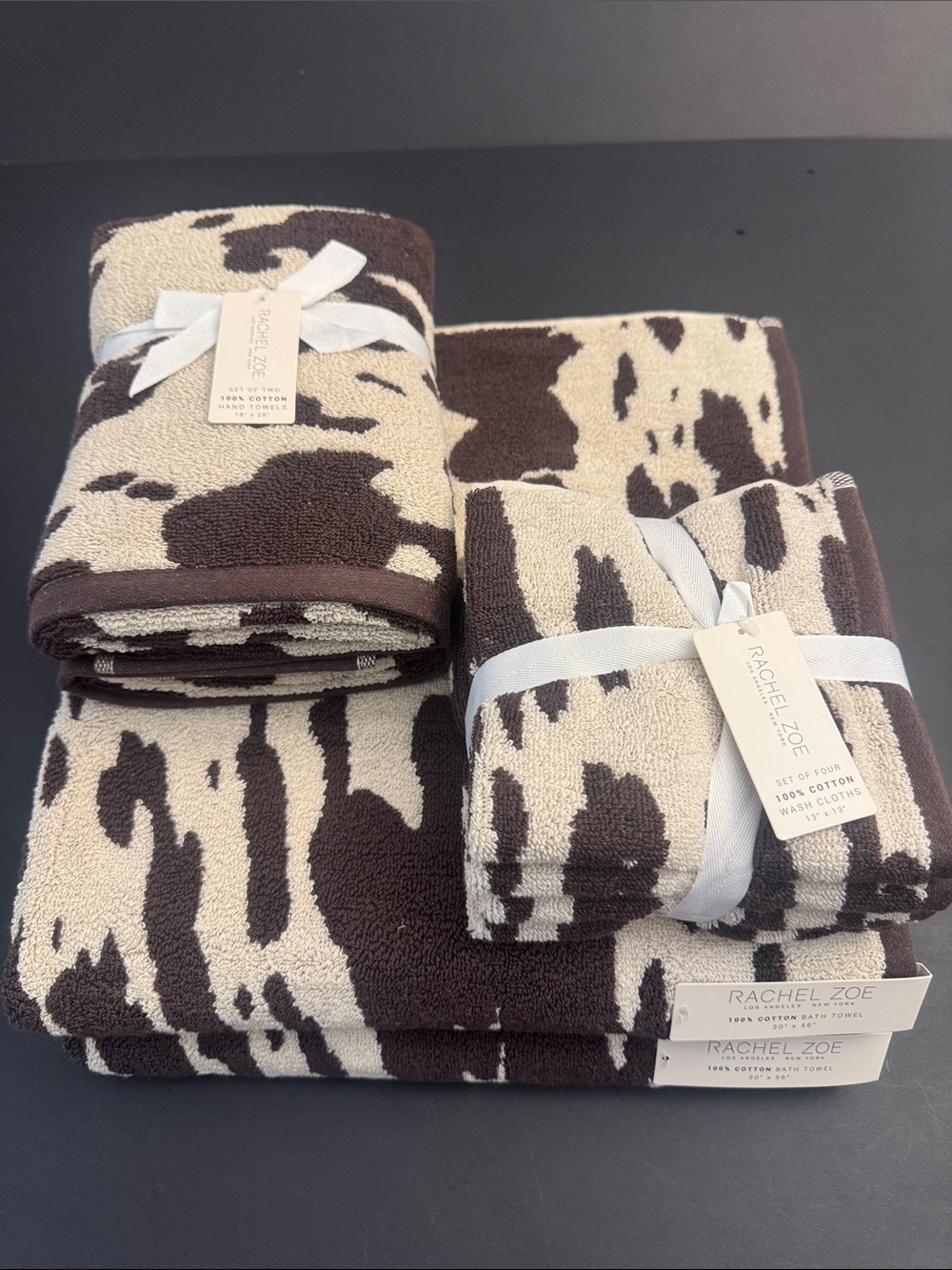 8pc Rachel Zoe Brown and Cream Cow Print Bath Towels